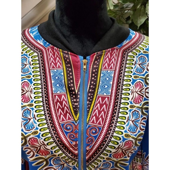 African Print Multicolor Dashiki Long Sleeve Full Zip Bomber Jacket XL - Picture 3 of 14